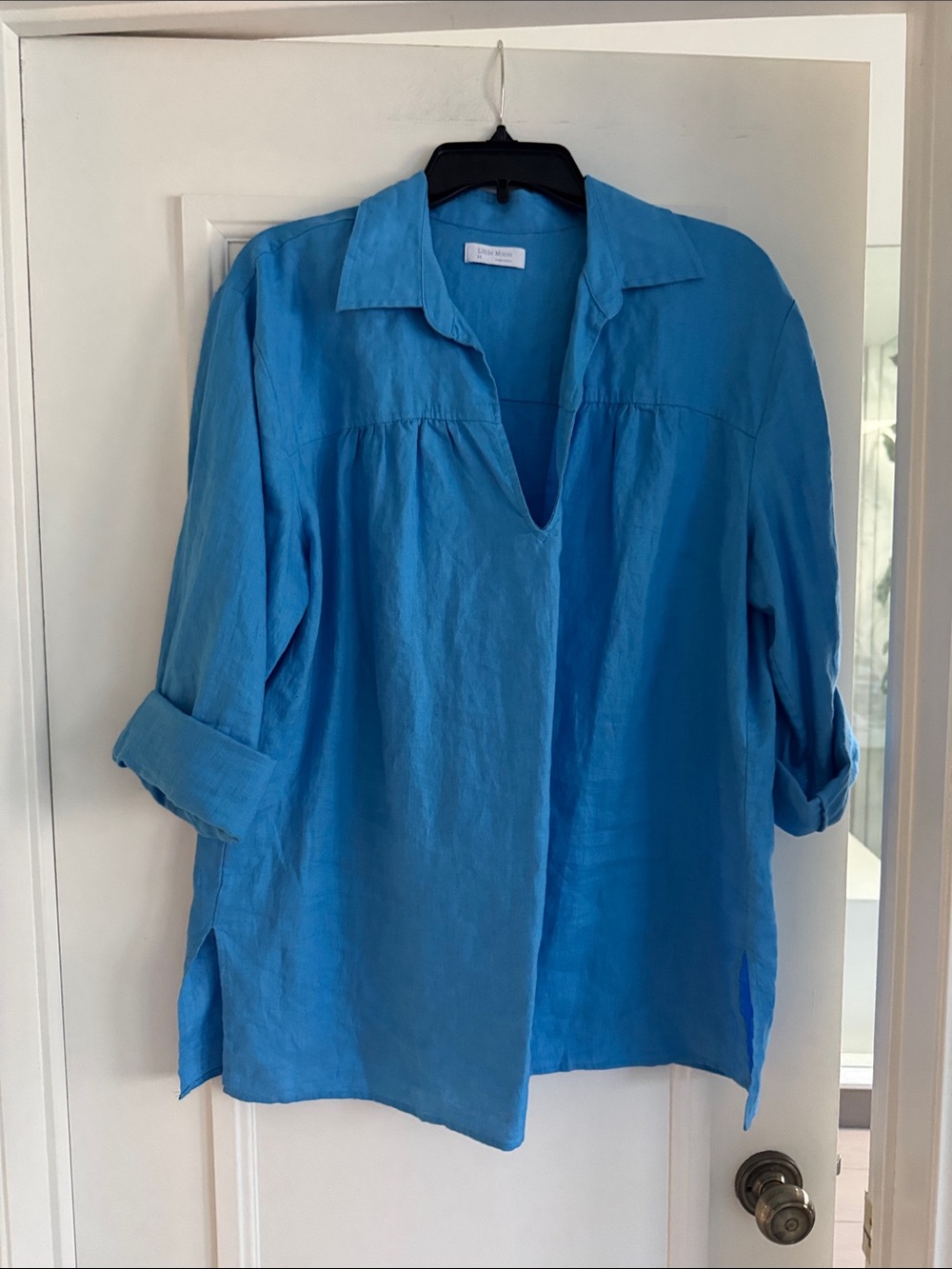 Little moon by Aritzia Turquoise Blue Linen Split V-Neck Tunic